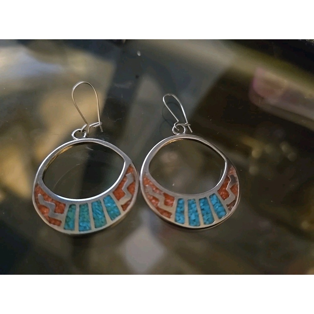 Vintage crushed turquoise coral siver tone earrings‎ Hook Piercing